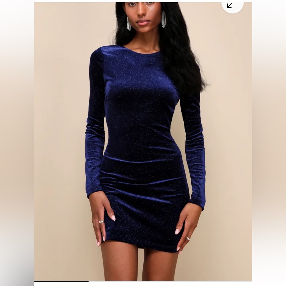 NWT Lulus Glittery Glee Royal Blue Sparkly Backless Long Sleeve Mini Dress